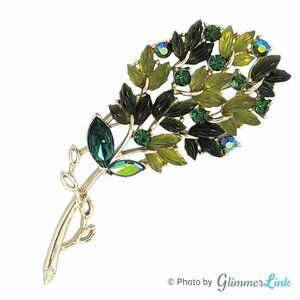 Vintage Lisner Green Molded Leaves AB & Green Rhinestones Gold Tone Brooch